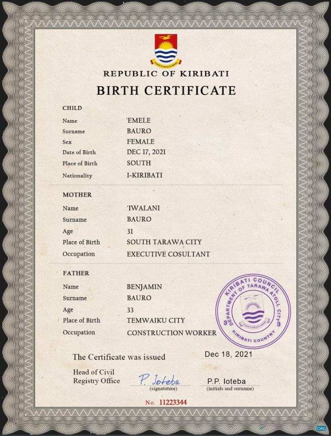 Download Kiribati vital record birth certificate PSD template Photoshop template